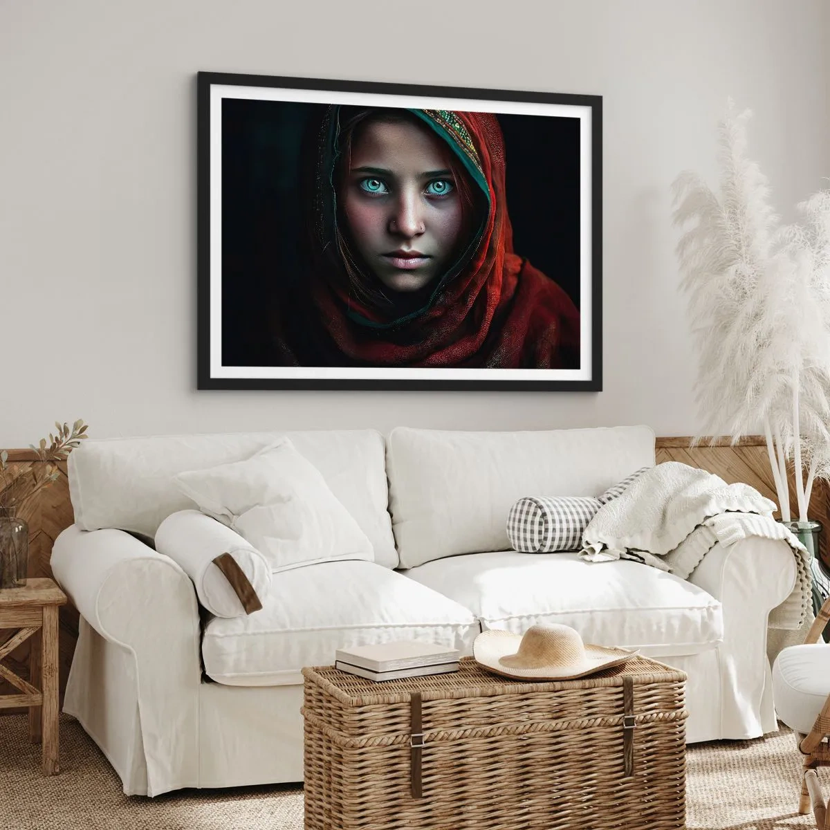 Póster en marco negro - Retrato de una mujer con una mirada intensa en colores cálidos. - 100x70cm - Princesa del Este - Decoración de pared moderna para salón y dormitorio ARTTOR