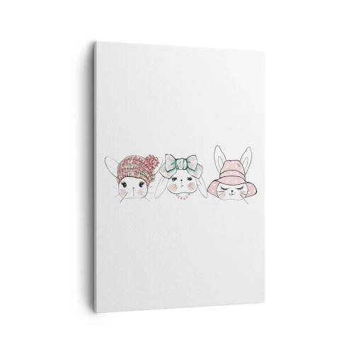 Cuadro sobre lienzo - Impresión de Imagen - Adorables conejitos con tocados en tonos pastel - 50x70cm - Reflexión, tristeza, alegría - Decoración de pared moderna para salón y dormitorio ARTTOR