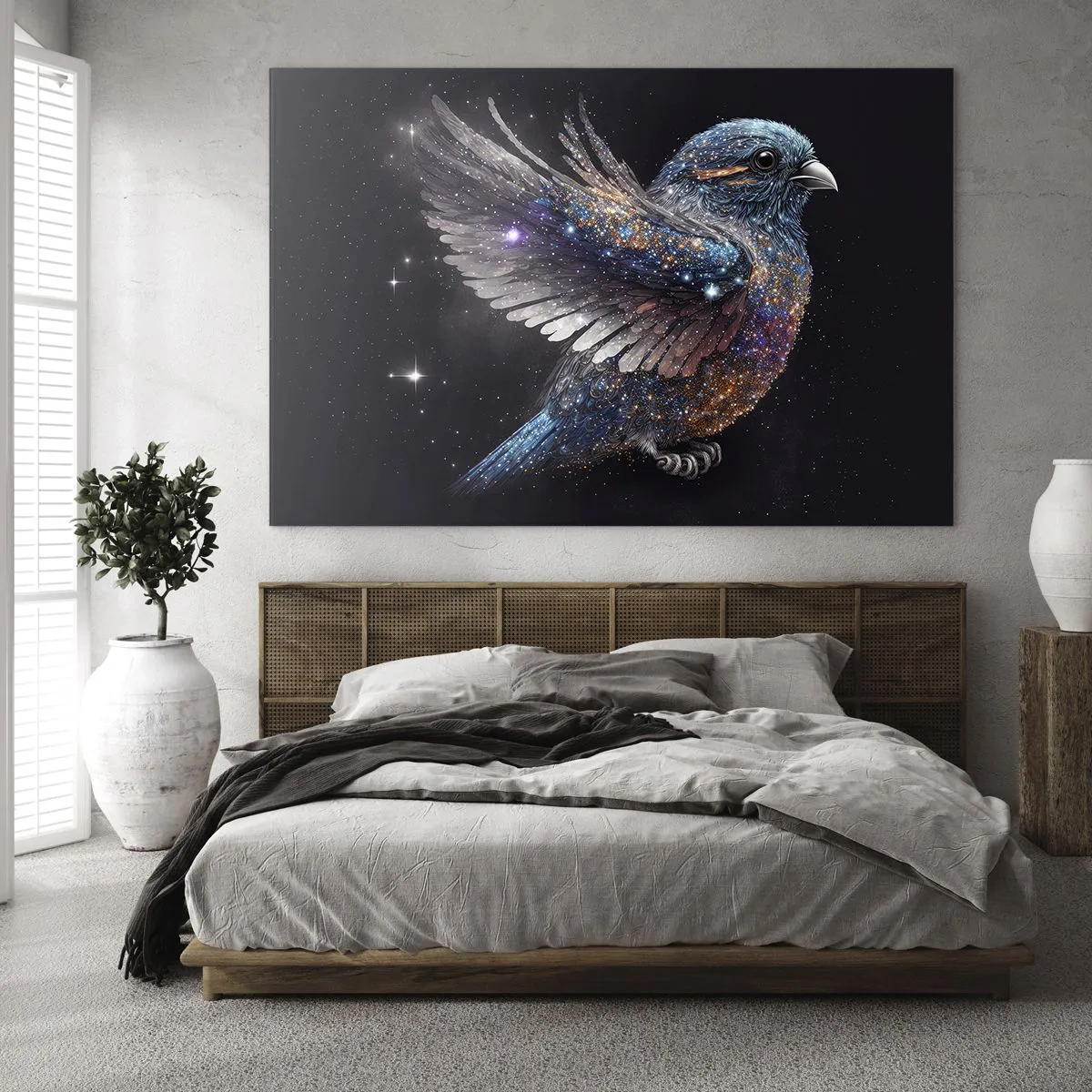 Cuadro sobre vidrio - Impresiones sobre Vidrio - Gorrión espacial con purpurina de diamante - 70x50cm - Gorrión de diamante - Decoración de pared moderna para salón y dormitorio ARTTOR