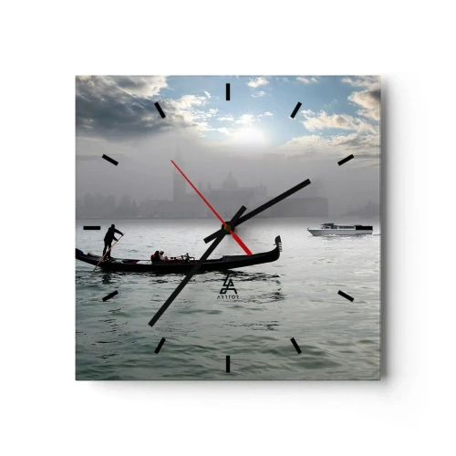 Reloj de pared - Reloj de vidrio - Una góndola se desliza por las aguas de Venecia en una mañana brumosa, con vistas a la ciudad. - 30x30cm - Una fabulosa ciudad de agua y niebla - Decoración de pared moderna para salón y dormitorio ARTTOR