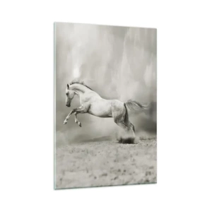 Cuadro sobre vidrio - Impresiones sobre Vidrio - Un caballo blanco en un salto dinámico sobre un fondo de nubes brumosas. - 80x120cm - Entre la realidad y el sueño - Decoración de pared moderna para salón y dormitorio ARTTOR