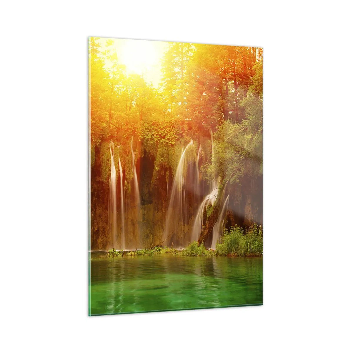 Cuadro sobre vidrio - Impresiones sobre Vidrio - Cascadas en un bosque soleado con agua turquesa. - 50x70cm - Sol y sombra - Decoración de pared moderna para salón y dormitorio ARTTOR