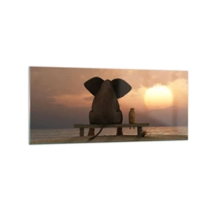Cuadro sobre vidrio - Impresiones sobre Vidrio - Un elefante y un perro están sentados en un banco en la playa durante el atardecer. - 120x50cm - Es bueno estar en silencio juntos - Decoración de pared moderna para salón y dormitorio ARTTOR