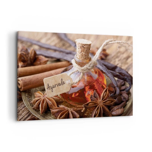 Cuadro sobre lienzo - Impresión de Imagen - Una botella de aceite de especias en una bandeja. - 100x70cm - Hacia la unidad del cuerpo y el espíritu - Decoración de pared moderna para salón y dormitorio ARTTOR