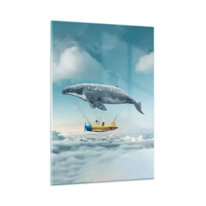 Cuadro sobre vidrio - Impresiones sobre Vidrio - Una ballena eleva un avión por encima de las nubes en un escenario surrealista. - 50x70cm - ¿Por qué no? - Decoración de pared moderna para salón y dormitorio ARTTOR