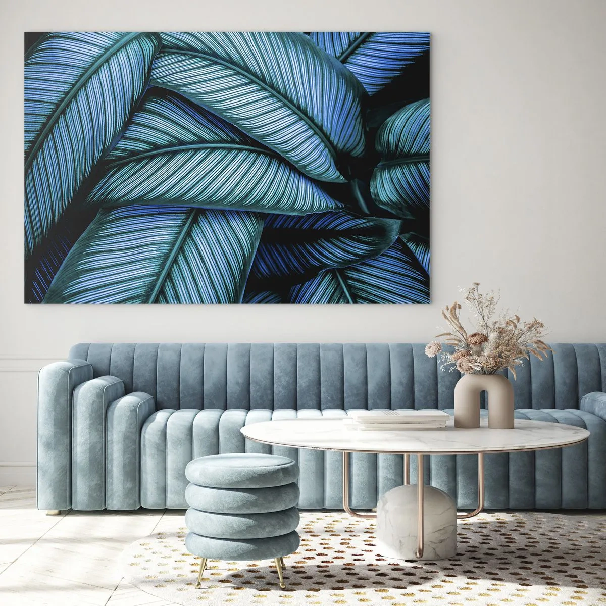 Cuadro sobre vidrio - Impresiones sobre Vidrio - Un primer plano de hojas turquesas con una textura intensa. - 70x50cm - Líneas de vida - Decoración de pared moderna para salón y dormitorio ARTTOR