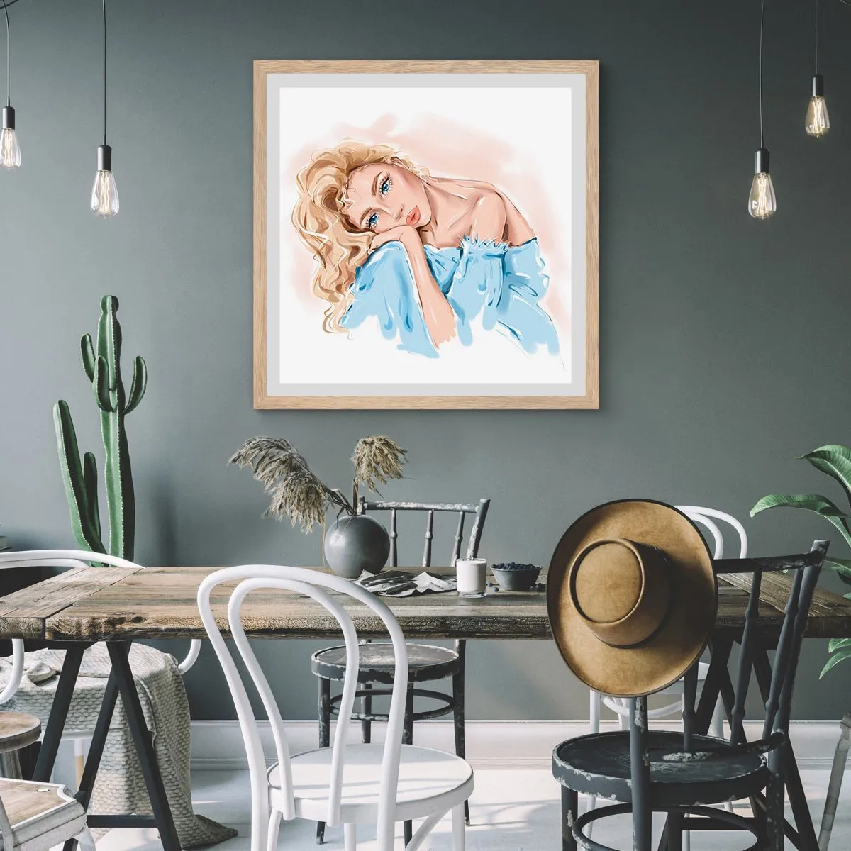 Póster en marco roble claro - Soñar en azul - 60x60 cm