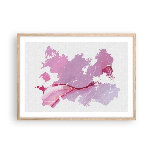 Póster en marco roble claro - Mapa de un mundo rosa - 70x50 cm