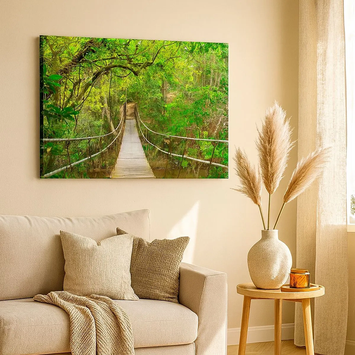 Cuadro sobre lienzo - Impresión de Imagen - Un puente colgante rodeado de una selva tropical verde. - 70x50cm - Porque la vid crece en el jardín - Decoración de pared moderna para salón y dormitorio ARTTOR