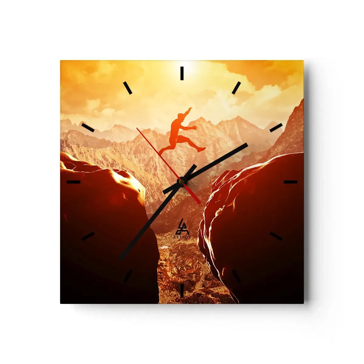 Reloj de pared - Reloj de vidrio - Una figura saltando entre rocas con montañas al fondo. - 30x30cm - Pasando el límite - Decoración de pared moderna para salón y dormitorio ARTTOR