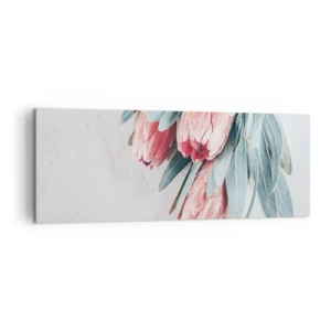 Cuadro sobre lienzo - Impresión de Imagen - Sutiles flores de protea rosa sobre un fondo claro. - 140x50cm - Avergonzada de su propia belleza - Decoración de pared moderna para salón y dormitorio ARTTOR