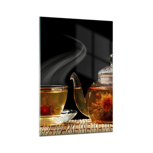 Cuadro sobre vidrio - Impresiones sobre Vidrio - Tetera de cristal con té de flores y una taza. - 70x100cm - Magia y el arte del té - Decoración de pared moderna para salón y dormitorio ARTTOR