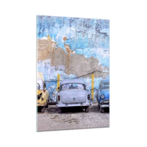 Cuadro sobre vidrio - Impresiones sobre Vidrio - Coches antiguos con un muro en ruinas como telón de fondo - 50x70cm - Reunión de veteranos - Decoración de pared moderna para salón y dormitorio ARTTOR