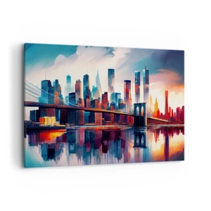 Cuadro sobre lienzo - Impresión de Imagen - Panorama de la ciudad de Nueva York con puente y reflejo en el agua - 100x70cm - Nueva York siempre luce - Decoración de pared moderna para salón y dormitorio ARTTOR