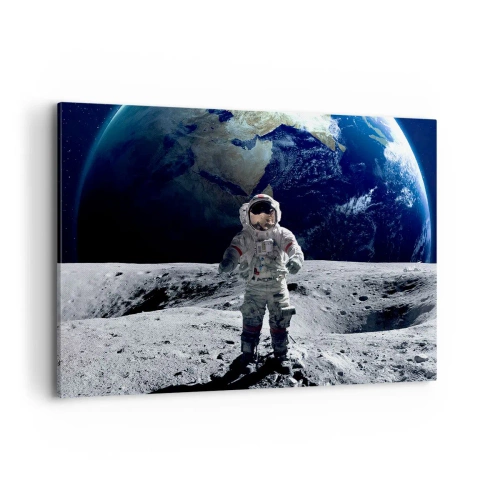 Cuadro sobre lienzo - Impresión de Imagen - Astronauta en la superficie de la Luna con la Tierra al fondo - 120x80cm - Saludos desde la Luna - Decoración de pared moderna para salón y dormitorio ARTTOR