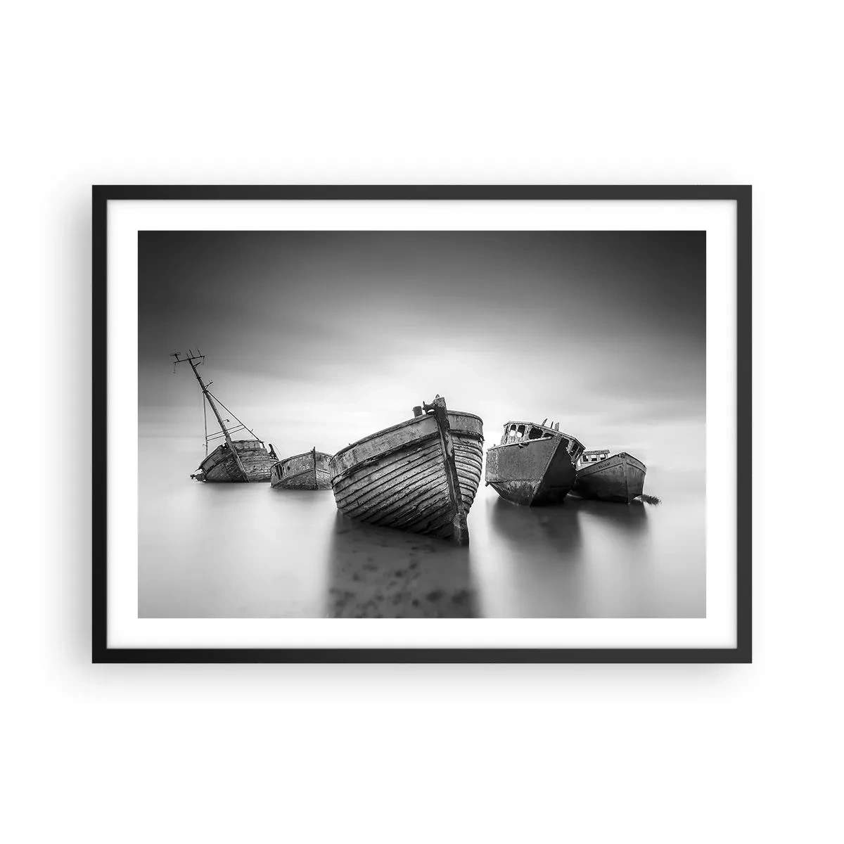 Póster en marco negro - Barcos abandonados en aguas tranquilas - 70x50cm - Ahora solo quedan los recuerdos... - Decoración de pared moderna para salón y dormitorio ARTTOR