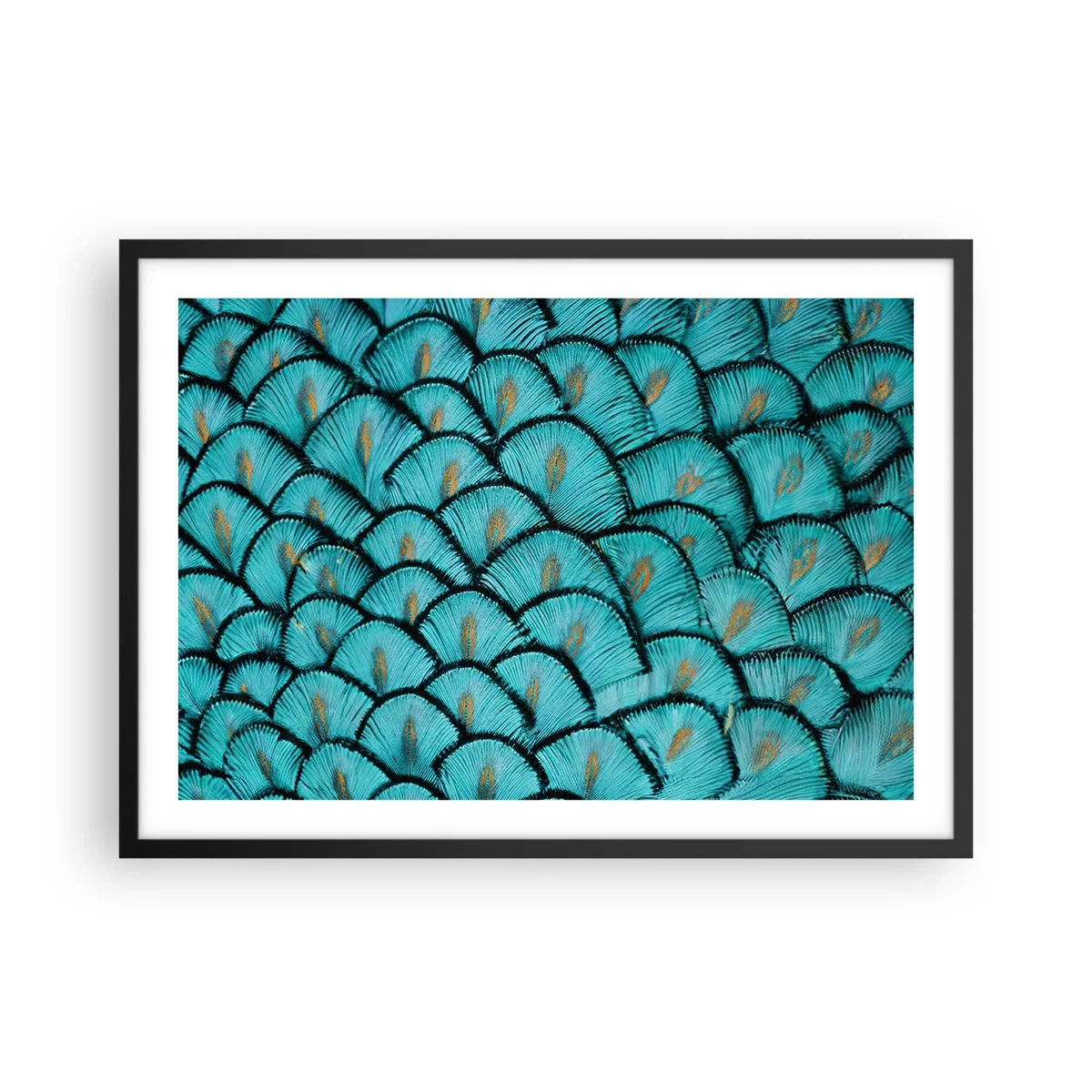 Póster en marco negro - Un patrón que se asemeja a escamas turquesas con acentos dorados. - 70x50cm - La gran gala de las plumas - Decoración de pared moderna para salón y dormitorio ARTTOR