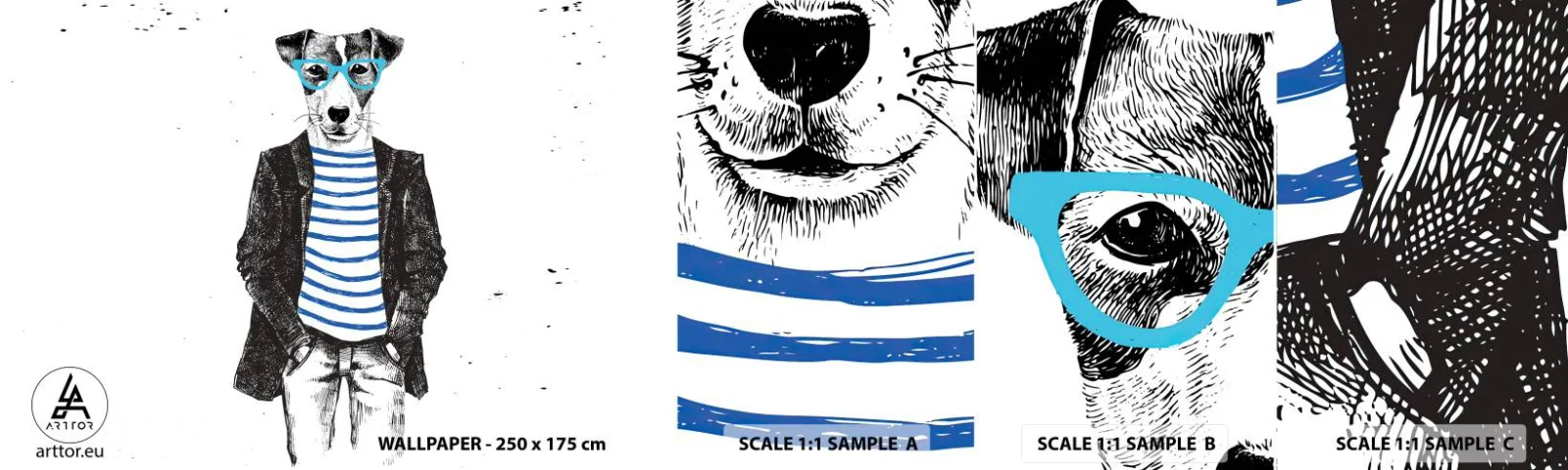 Muestra de fotomural autoadhesivo Deluxe Sticker - El encanto del perro - Abstracción, Hombre, Perro - 100x30 cm