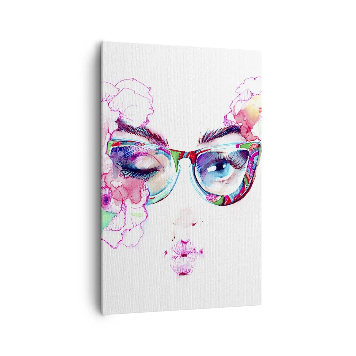 Cuadro sobre lienzo - Impresión de Imagen - Cara de acuarela con gafas de colores y flores. - 80x120cm - Una promesa tentadora - Decoración de pared moderna para salón y dormitorio ARTTOR