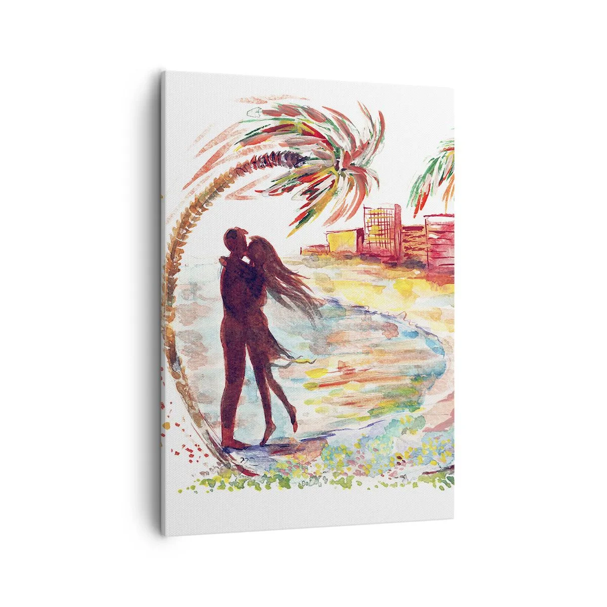 Cuadro sobre lienzo - Impresión de Imagen - Escena romántica de pareja en una playa con palmeras en acuarela - 50x70cm - Unas vacaciones románticas - Decoración de pared moderna para salón y dormitorio ARTTOR
