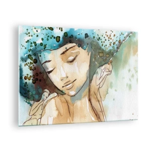 Cuadro sobre vidrio - Impresiones sobre Vidrio - Retrato en acuarela de una mujer con los ojos cerrados. - 70x50cm - Dama de azul - Decoración de pared moderna para salón y dormitorio ARTTOR