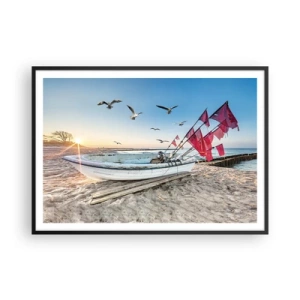 Póster en marco negro - Un barco en la playa al amanecer con gaviotas y banderas rojas. - 100x70cm - Un merecido descanso - Decoración de pared moderna para salón y dormitorio ARTTOR