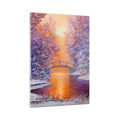 Cuadro sobre vidrio - Impresiones sobre Vidrio - Paisaje invernal con un puente y árboles cubiertos de nieve al atardecer. - 50x70cm - Reunámonos aquí - Decoración de pared moderna para salón y dormitorio ARTTOR