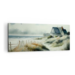 Cuadro sobre lienzo - Impresión de Imagen - Una casa junto al mar rodeada de césped y con vistas al mar. - 120x50cm - Lejos del bullicio - Decoración de pared moderna para salón y dormitorio ARTTOR