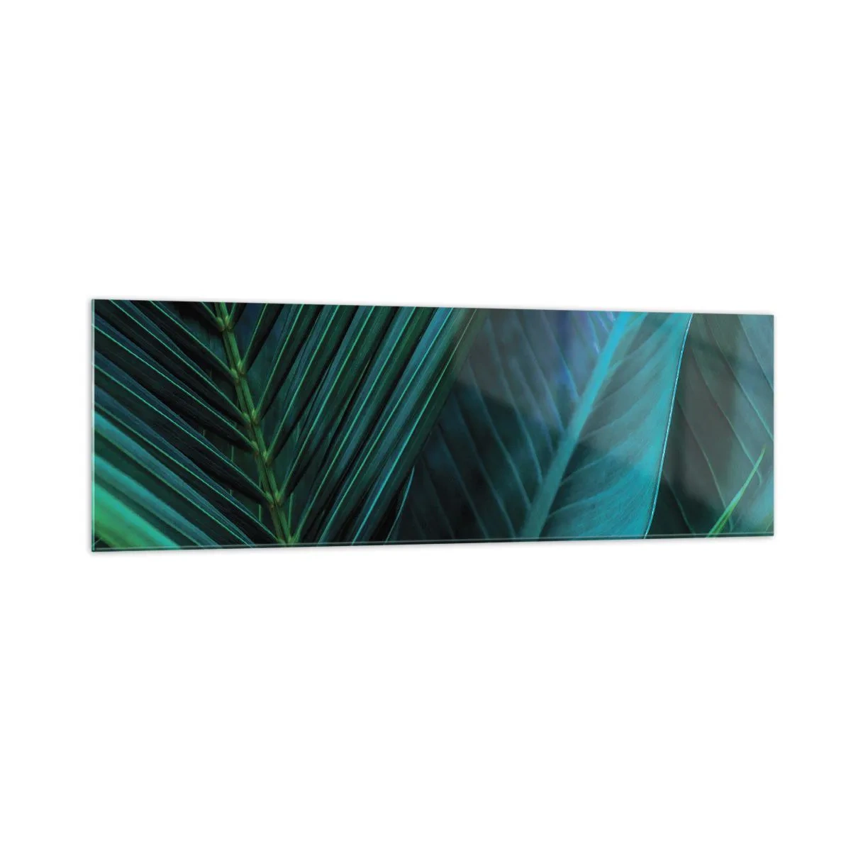 Cuadro sobre vidrio - Impresiones sobre Vidrio - Primer plano de hojas verdes tropicales - 160x50cm - Anatomía del verde - Decoración de pared moderna para salón y dormitorio ARTTOR