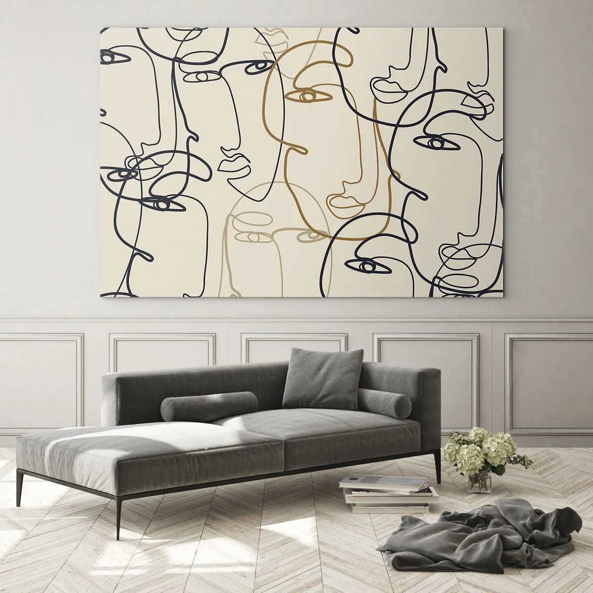 Cuadro sobre vidrio - Impresiones sobre Vidrio - Rostros contorneados dibujados de un solo trazo sobre beige - 70x50cm - Retrato multiplicado - Decoración de pared moderna para salón y dormitorio ARTTOR