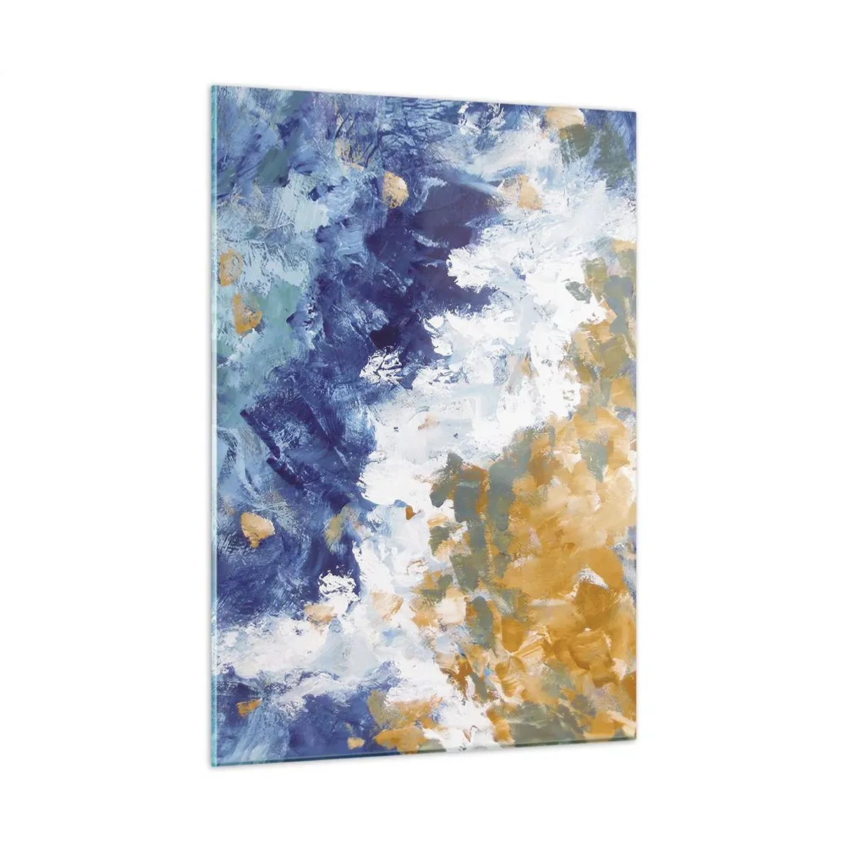 Cuadro sobre vidrio - Impresiones sobre Vidrio - Trazos de pintura abstracta en azul, blanco y dorado. - 50x70cm - Danza de los elementos - Decoración de pared moderna para salón y dormitorio ARTTOR