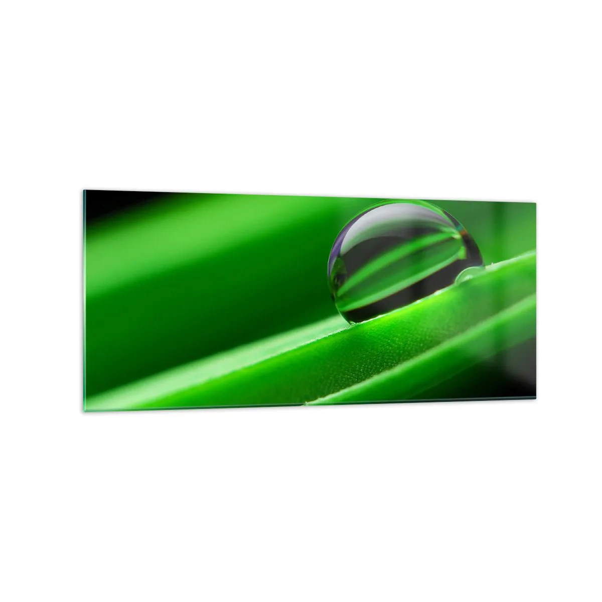 Cuadro sobre vidrio - Impresiones sobre Vidrio - Primer plano de una gota de rocío sobre una hoja verde - 120x50cm - La vida de cerca - Decoración de pared moderna para salón y dormitorio ARTTOR
