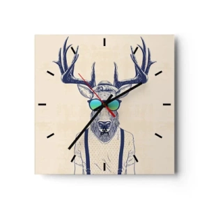 Reloj de pared - Reloj de vidrio - Ciervo estilizado con gafas de sol - 30x30cm - ¿Y a quién esperabas? - Decoración de pared moderna para salón y dormitorio ARTTOR