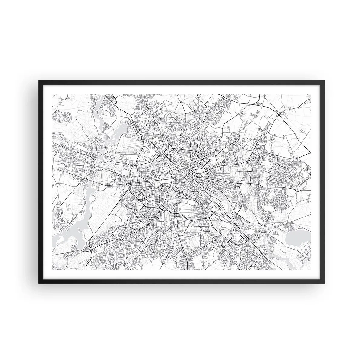 Póster en marco negro - Mapa detallado de la ciudad en blanco y negro - 100x70cm - Flor de Berlín - Decoración de pared moderna para salón y dormitorio ARTTOR