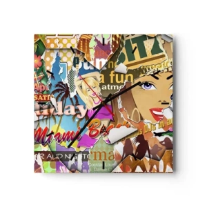 Reloj de pared - Reloj de vidrio - Un collage colorido con elementos retro y pop art. - 30x30cm - Recuerdos de las vacaciones - Decoración de pared moderna para salón y dormitorio ARTTOR
