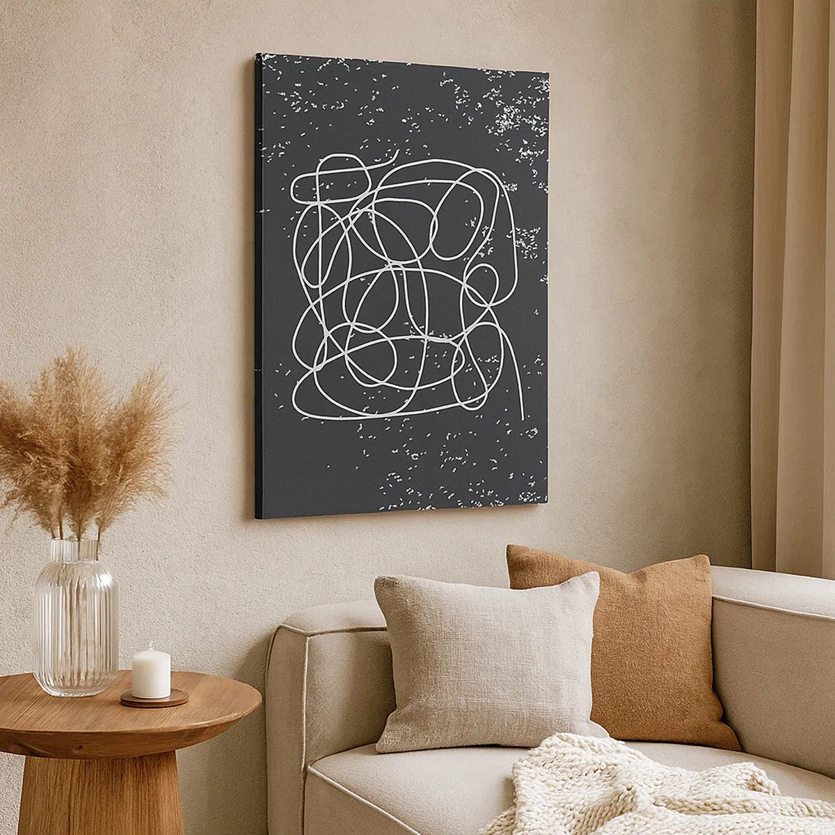 Cuadro sobre lienzo - Impresión de Imagen - Línea abstracta sobre fondo negro con finos detalles. - 50x70cm - Pensamientos errantes - Decoración de pared moderna para salón y dormitorio ARTTOR