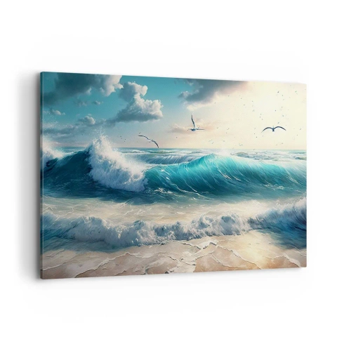 Cuadro sobre lienzo - Impresión de Imagen - Olas del mar en la playa bajo un cielo azul con gaviotas - 100x70cm - La brisa solo para ti - Decoración de pared moderna para salón y dormitorio ARTTOR