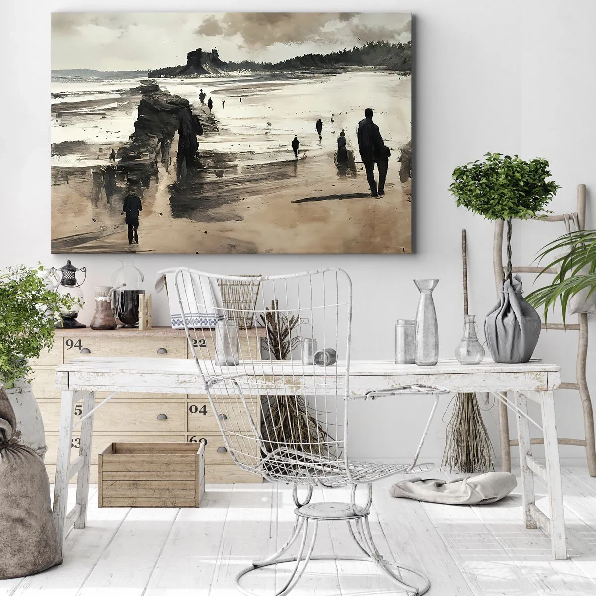 Cuadro sobre lienzo - Impresión de Imagen - Caminantes de playa en un paisaje tranquilo - 120x80cm - Un sueño evocado - Decoración de pared moderna para salón y dormitorio ARTTOR