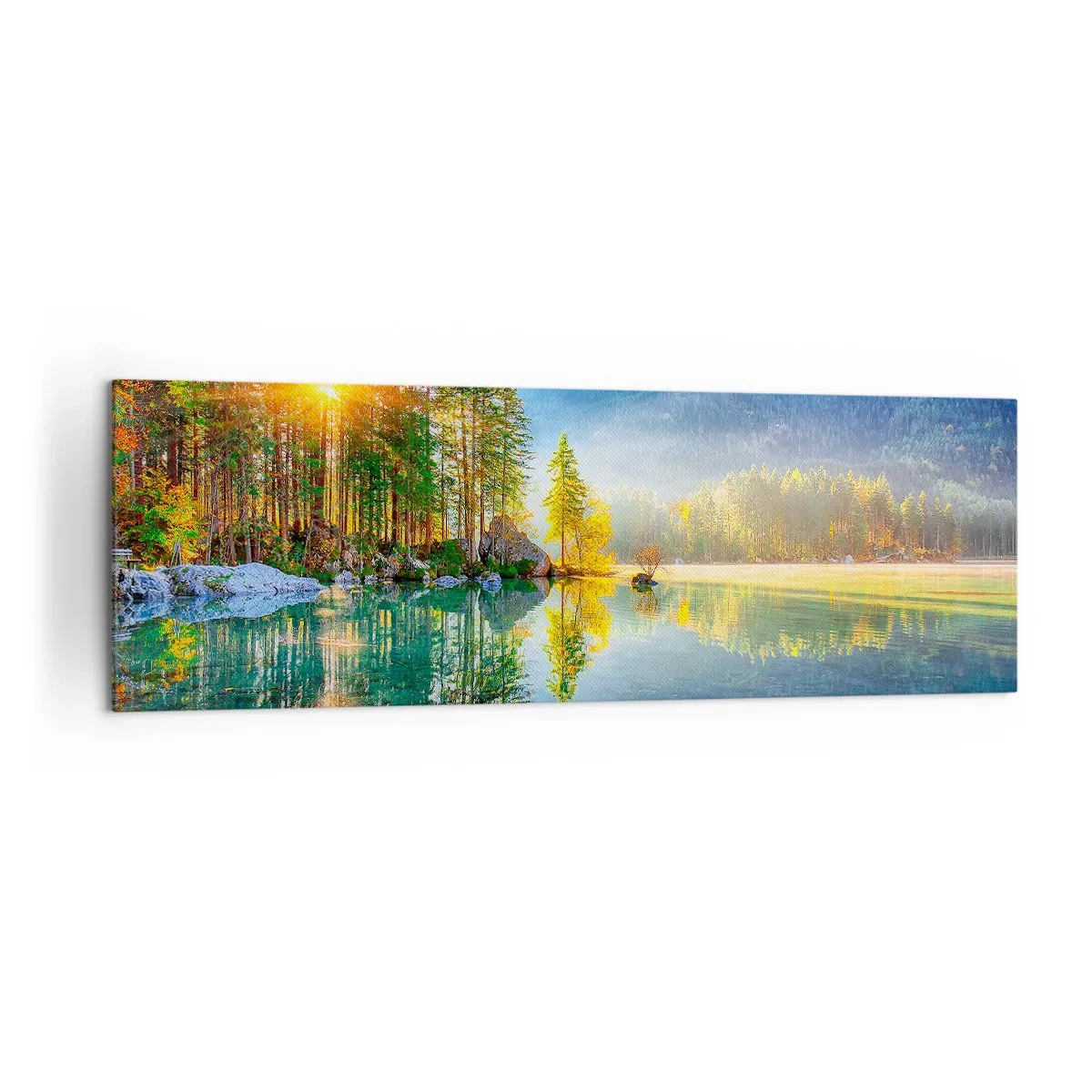 Cuadro sobre lienzo - Impresión de Imagen - Un lago rodeado de montañas y bosques bajo los rayos del sol. - 160x50cm - Majestuosidad y dulzura - Decoración de pared moderna para salón y dormitorio ARTTOR