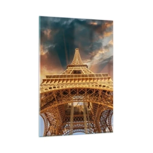 Cuadro sobre vidrio - Impresiones sobre Vidrio - La Torre Eiffel desde abajo con el sol poniente como telón de fondo - 80x120cm - Mientras la humanidad alcanza el cielo - Decoración de pared moderna para salón y dormitorio ARTTOR