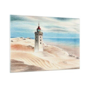 Cuadro sobre vidrio - Impresiones sobre Vidrio - Un faro en una duna del desierto junto a un mar en calma - 100x70cm - Siempre mirando al mar - Decoración de pared moderna para salón y dormitorio ARTTOR
