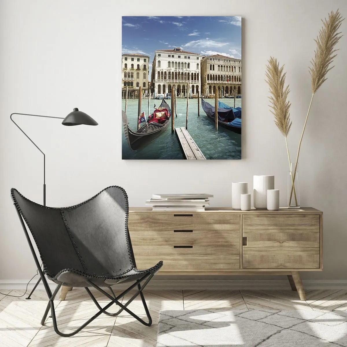 Cuadro sobre vidrio - Impresiones sobre Vidrio - Venecia con góndolas y palacios contra el cielo - 80x120cm - Palacios en azul - Decoración de pared moderna para salón y dormitorio ARTTOR