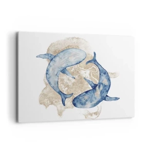 Cuadro sobre lienzo - Impresión de Imagen - Ballenas azules abstractas sobre un fondo claro - 100x70cm - ¿Amistad o amor? - Decoración de pared moderna para salón y dormitorio ARTTOR