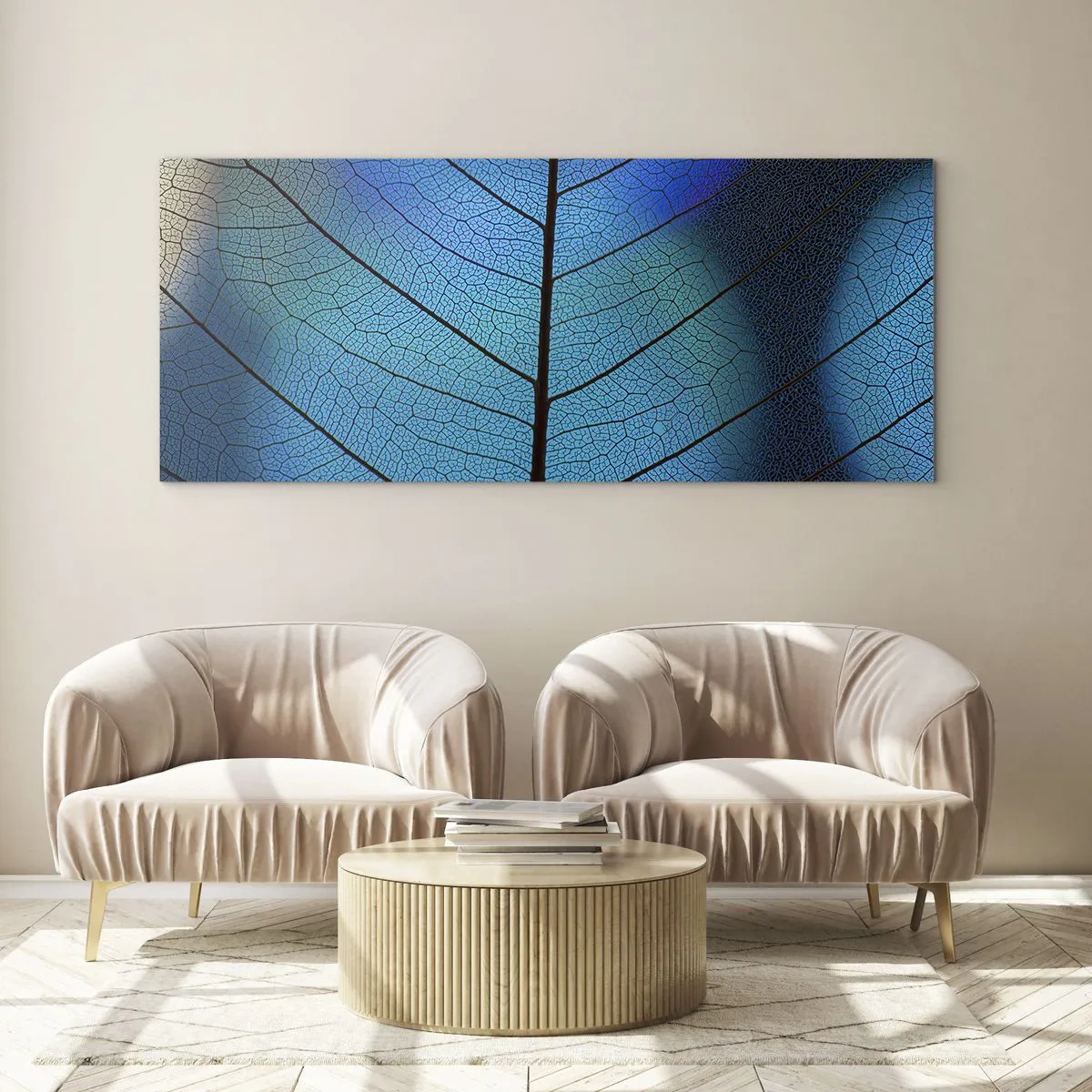 Cuadro sobre vidrio - Impresiones sobre Vidrio - Primer plano de una hoja azul con detalle de vena visible - 160x50cm - Construcción intrincada - Decoración de pared moderna para salón y dormitorio ARTTOR