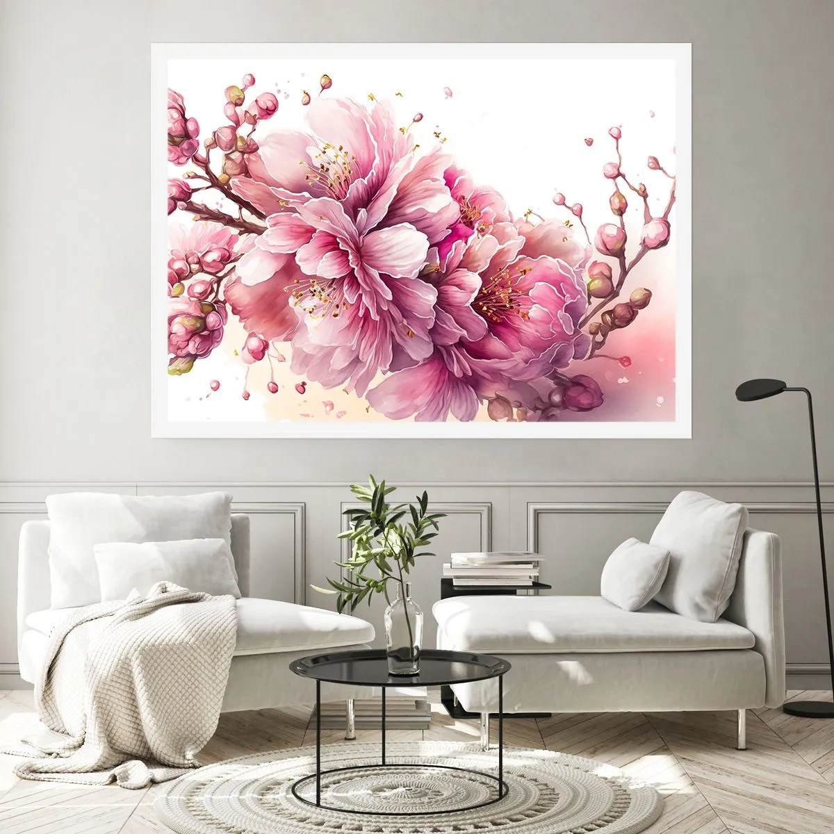 Póster - Delicadas flores de cerezo en plena floración sobre un fondo claro. - 100x70cm - Flor de cerezo - Decoración de pared moderna para salón y dormitorio ARTTOR