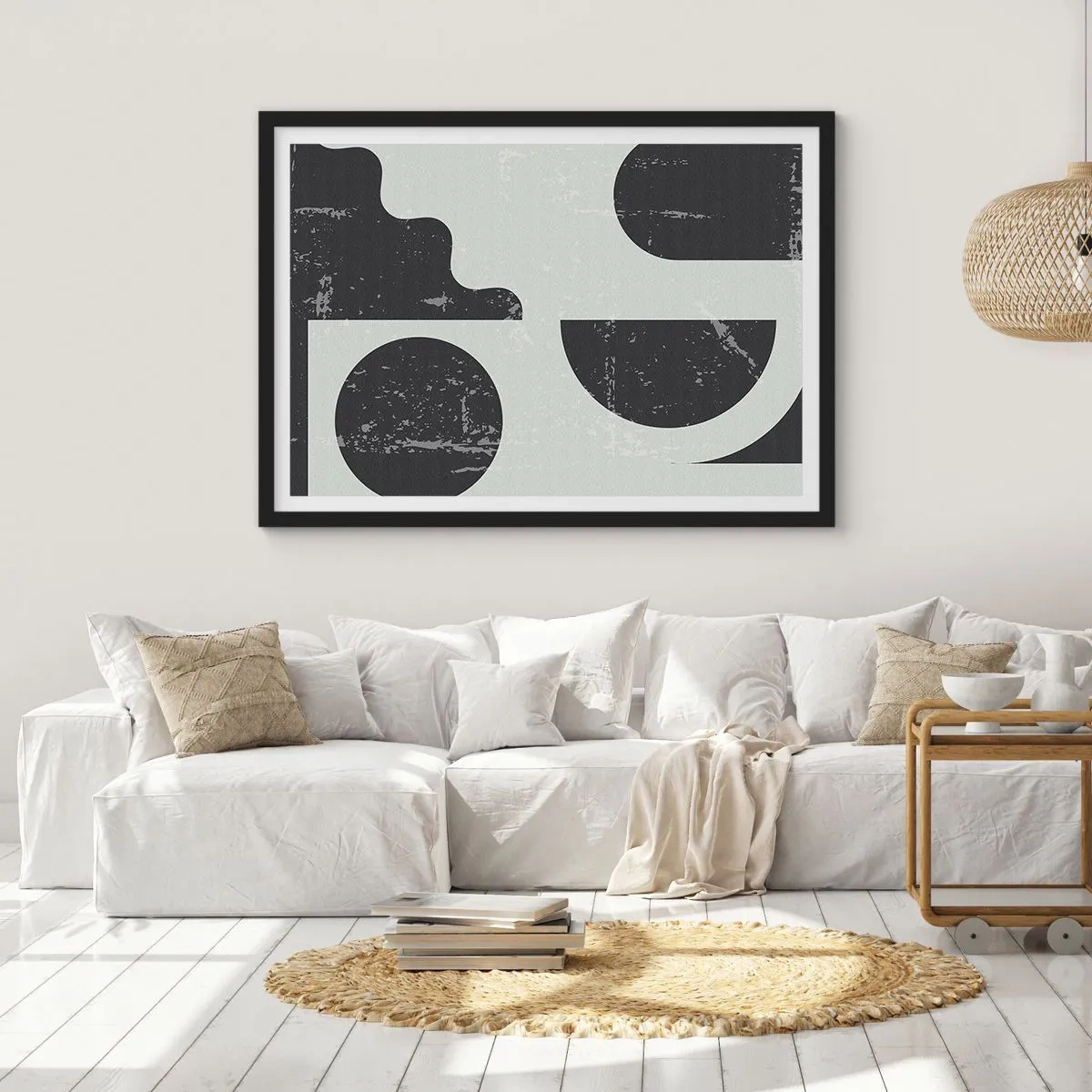 Póster en marco negro - Patrones geométricos en tonos negros y grises. - 70x50cm - Composición arriba y abajo - Decoración de pared moderna para salón y dormitorio ARTTOR