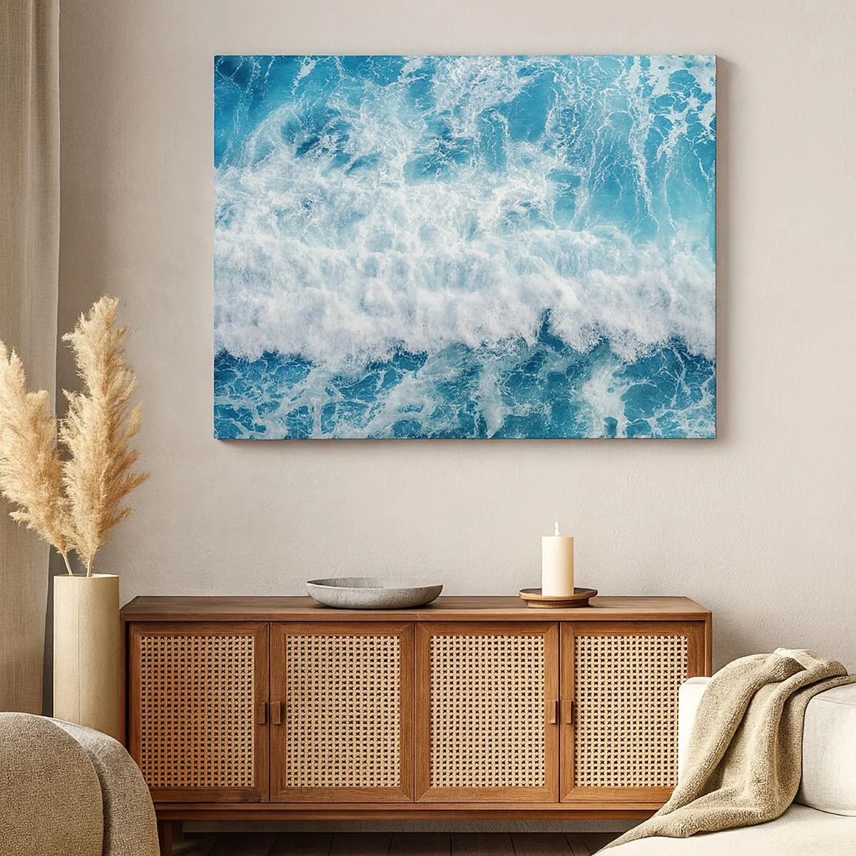 Cuadro sobre lienzo - Impresión de Imagen - Olas oceánicas dinámicas en tonos azules - 70x50cm - Alegre y con mucho brío - Decoración de pared moderna para salón y dormitorio ARTTOR