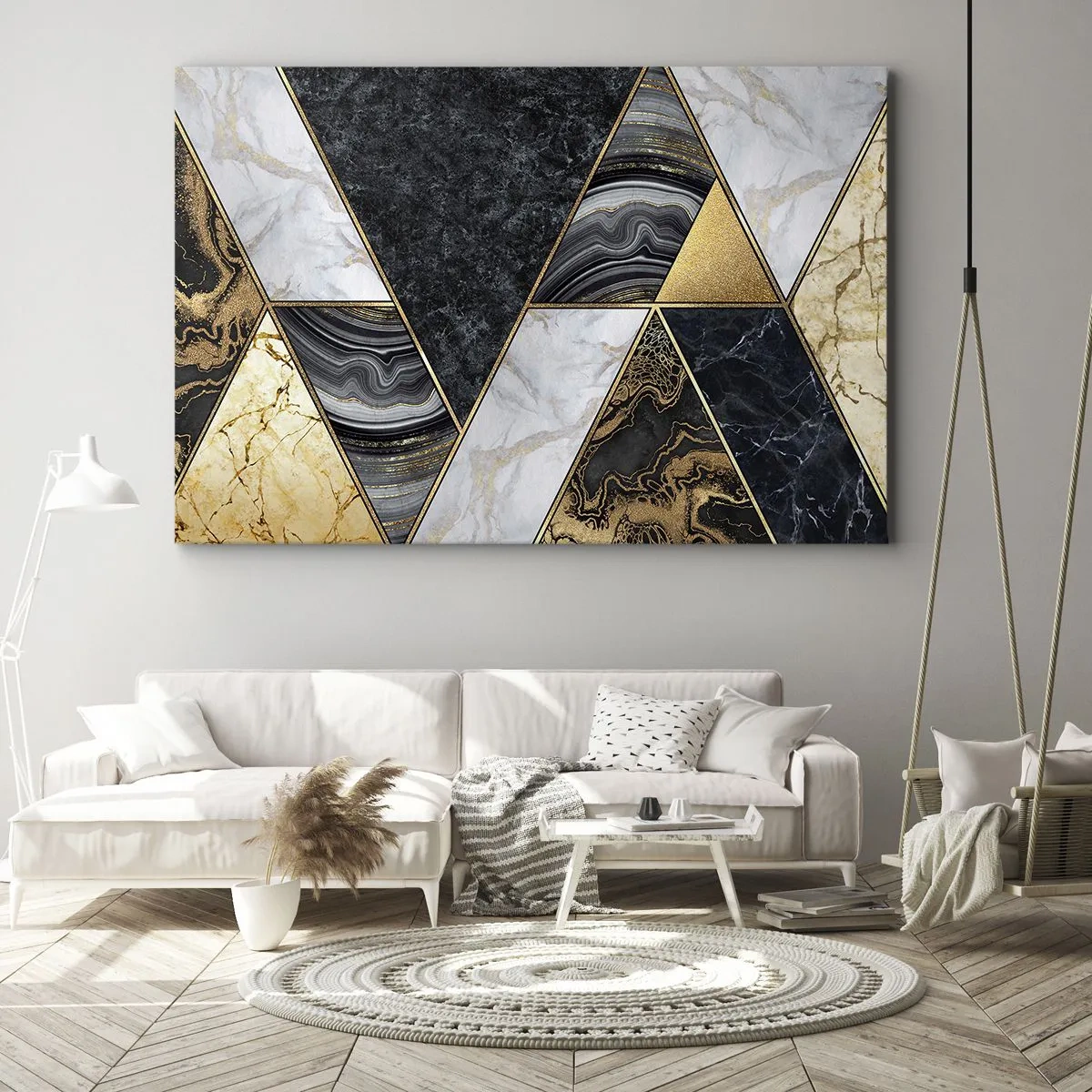 Cuadro sobre lienzo - Impresión de Imagen - Triángulos geométricos en dorado, mármol y tonos oscuros. - 100x70cm - Collage de piedras - Decoración de pared moderna para salón y dormitorio ARTTOR