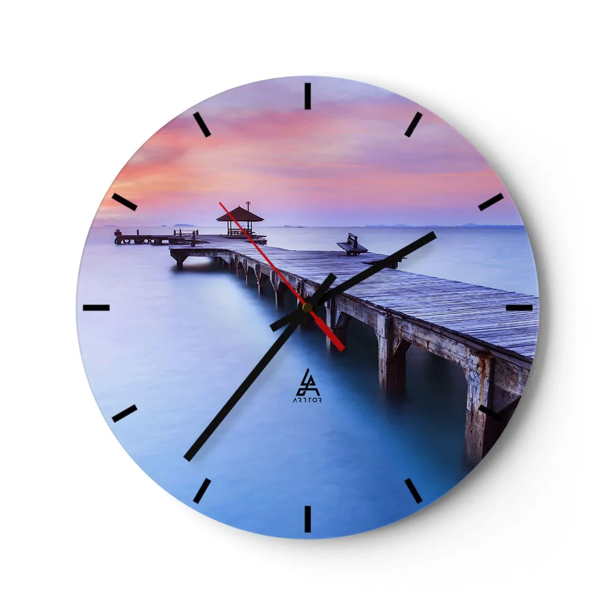 Reloj de pared - Reloj de vidrio - Un embarcadero de madera al atardecer sobre un mar en calma. - 30x30cm - Un mar de calma hasta el horizonte - Decoración de pared moderna para salón, cocina y dormitorio ARTTOR