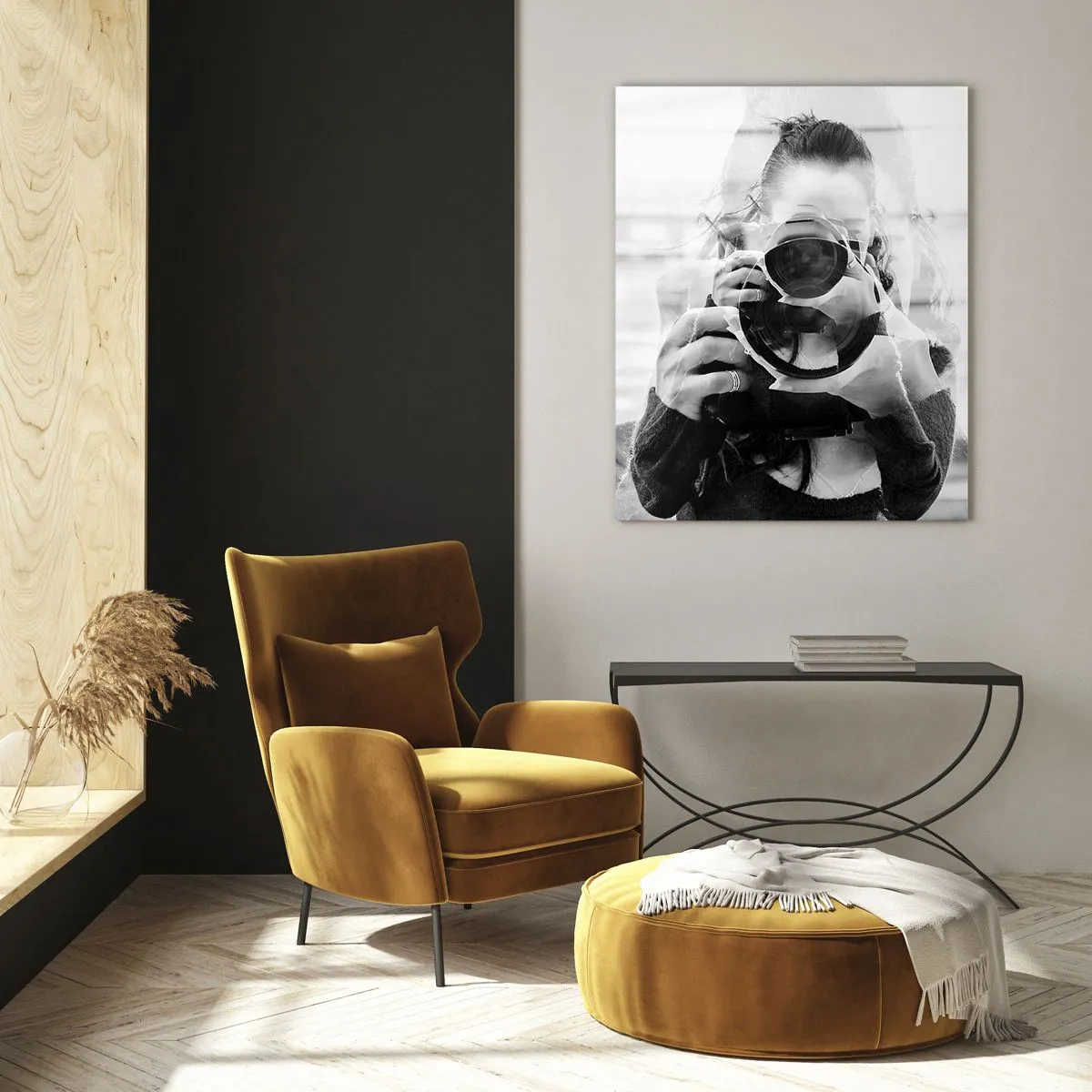 Cuadro sobre vidrio - Impresiones sobre Vidrio - Retrato de doble exposición en blanco y negro de un fotógrafo. - 70x100cm - Creador y creación - Decoración de pared moderna para salón y dormitorio ARTTOR